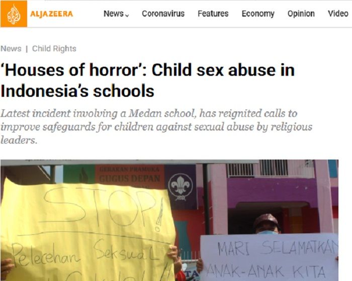 Media asing Ajazeera, menyoroti kasus pelecehan seksual terhadap enam anak perempaun di sebuah sekolah di Medan oleh seorang pemuka agama.*