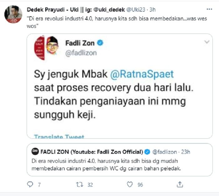 Juru Bicara PSI Dedek Prayudi alias Uki menyindir balik Fadli Zon yang mengomentari penemuan barang bukti bahan peledak di bekas markas FPI.*