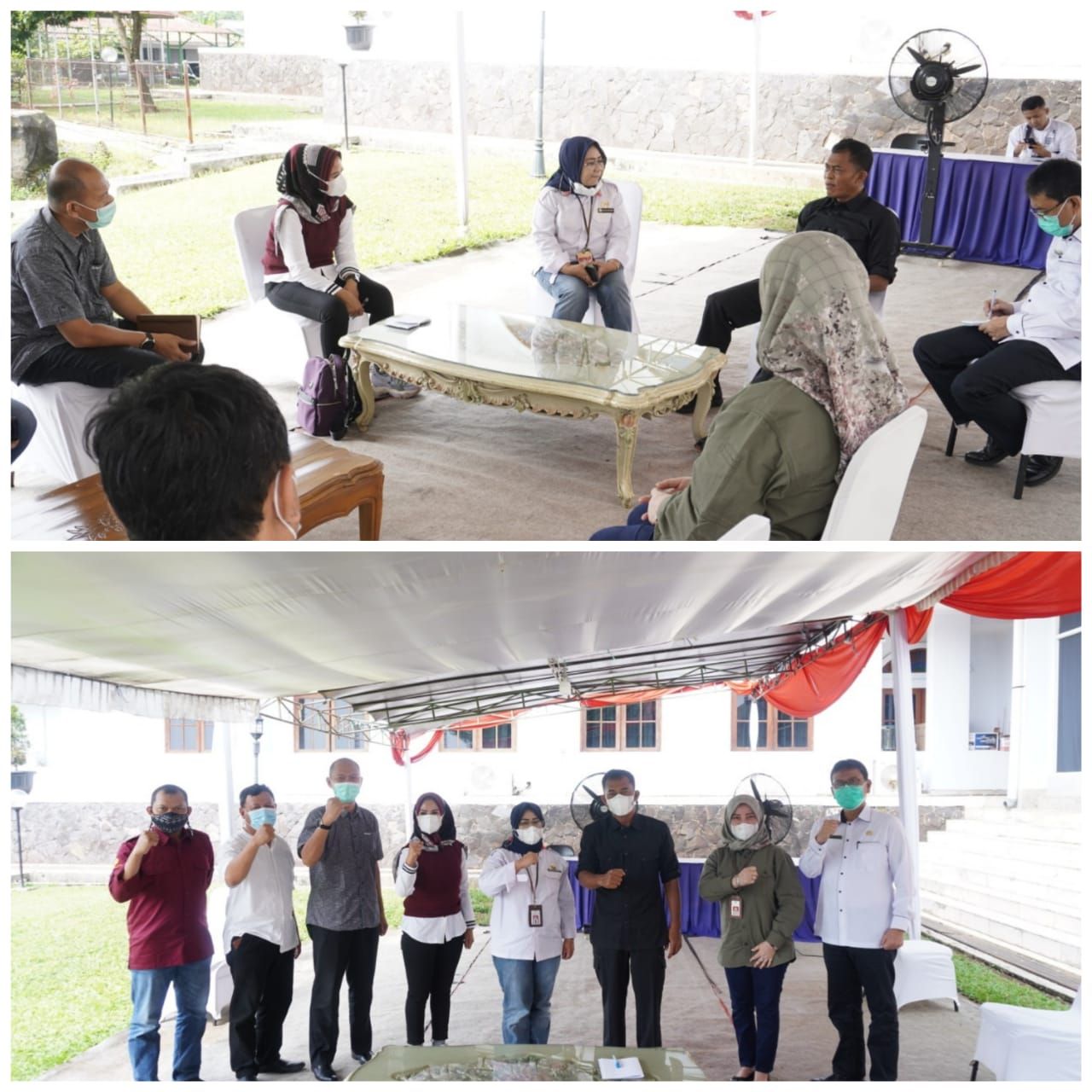 Suasana pertemuan Bupati Subang (bawah, enam dari kiri) saat menerima utusan Kementan RI dan Jasindo menjelaskan kuota AUTP bagi petani Subang. Rabu 28 April 2021.