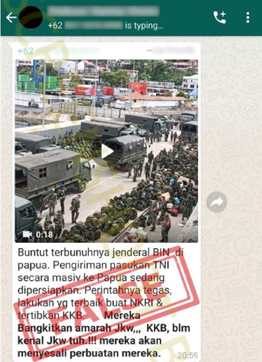 tangkapan layar pesan berantai Whatsapp, informasi palsu pengiriman pasukan TNI ke Papua karena tewasnya Kepala BIN Papua