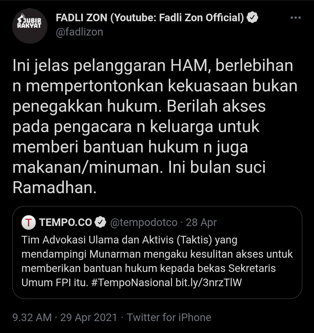 Tangkapan layar cuitan Fadli Zon soal kesulitan Tim Kuasa Hukum menemui Munarman.