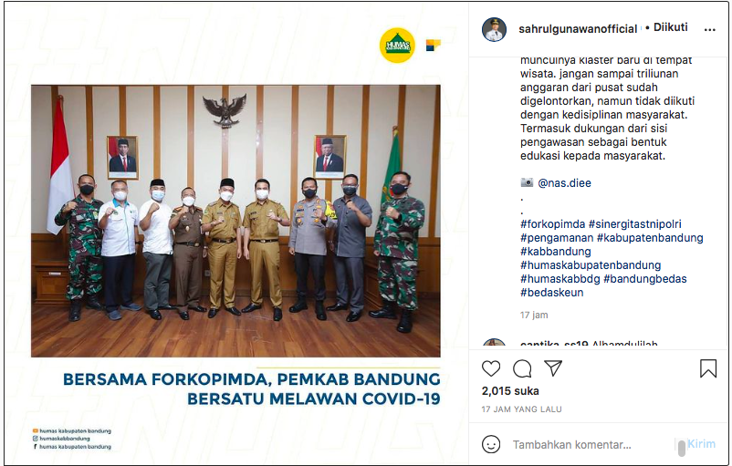 Unggahan Instagram Sahrul Gunawan pasca dilantik jadi Wakil Bupati Bandung.*