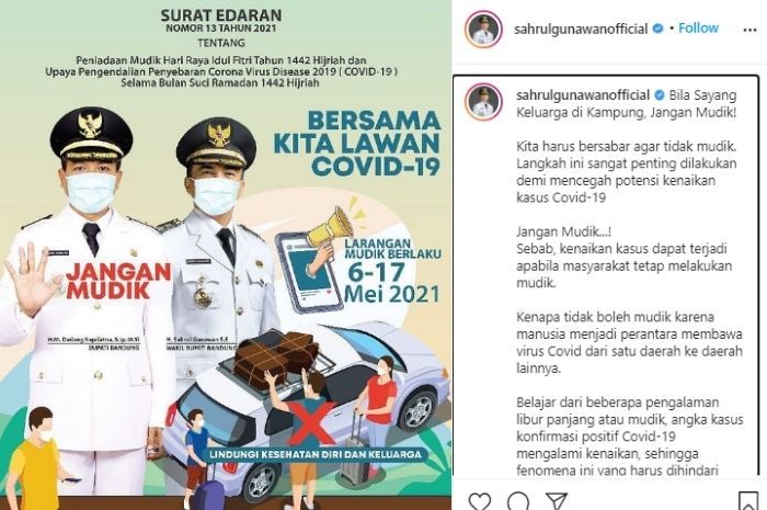 Unggahan Wakil Bupati Bandung Sahrul Gunawan terkait larangan mudik.*