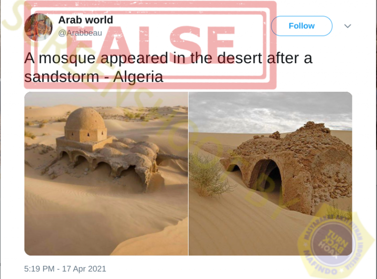 HOAKS - Beredar cuitan di Twitter yang menyebut jika muncul sebuah masjid di gurun usai terjadi badai pasir.*