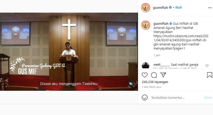 Postingan Gus Miftah yang hadir dalam peresmian gereja./Instagram