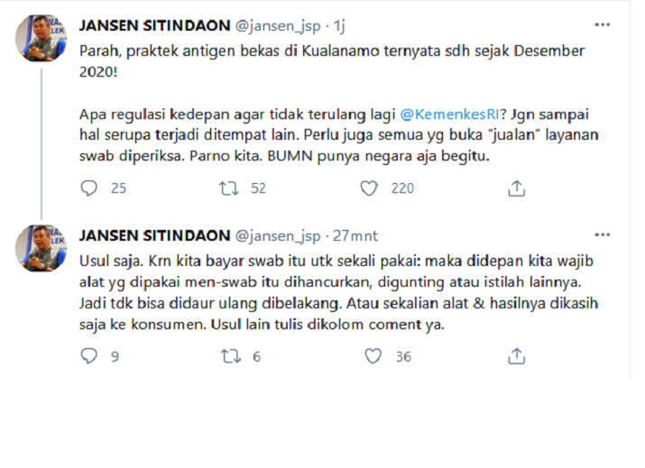 Hasil tangkap layar akun Twitter Jansen Sitindaon