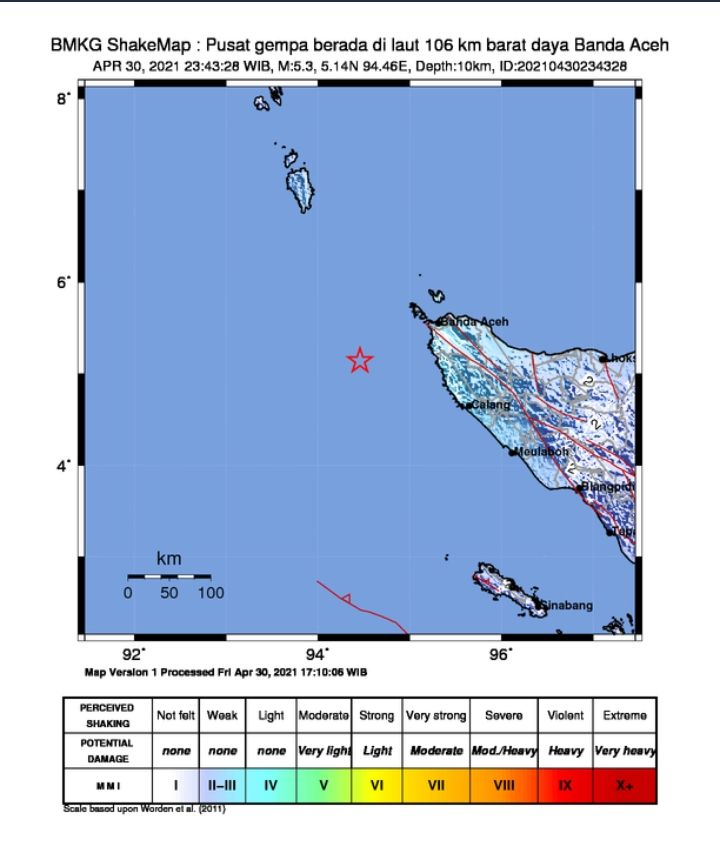 Gempa bumi berkekuatan magnitudo (M) 5,3 mengguncang Banda Aceh/BMKG