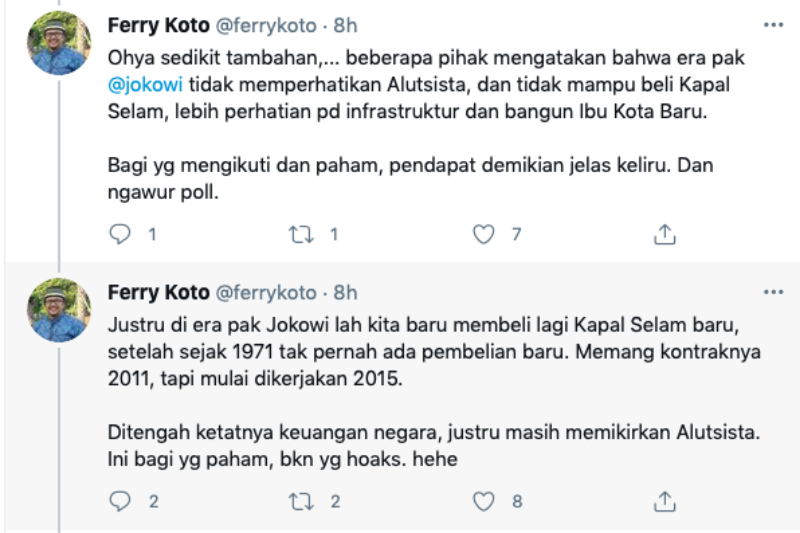 Ferry Koto menyampaikan baru di era pemerintahan Jokowi membeli kapal selam baru.