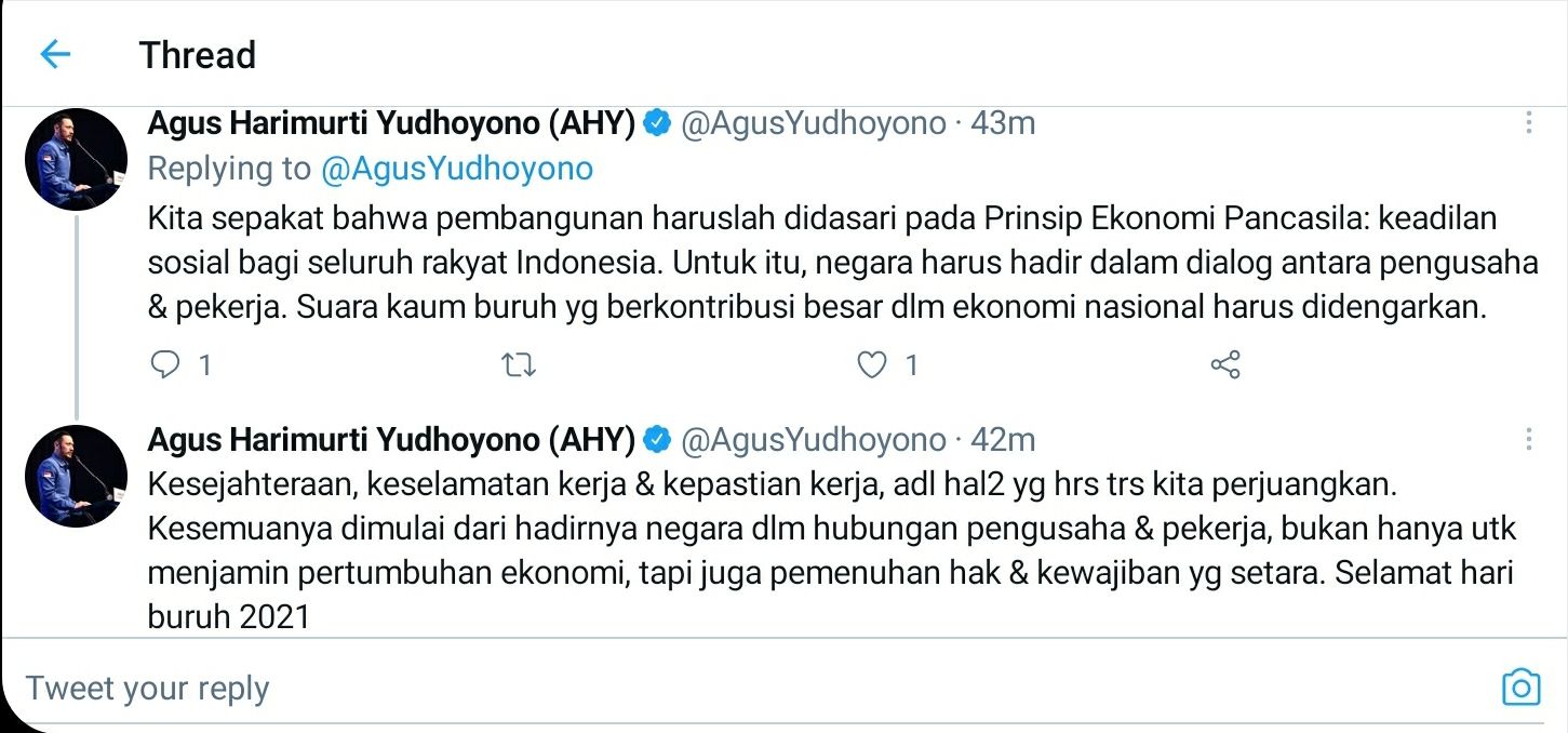 Tangkap Layar Cuitan Agus Harimurti Yudhoyono (AHY).