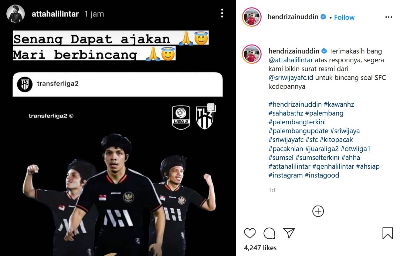 Tangkapan layar unggahan Presiden Klub Sriwijaya FC Hendri Zainuddin.