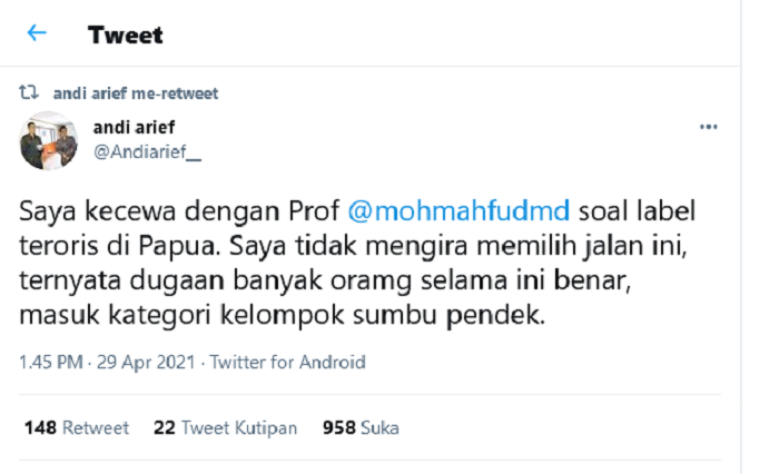 Andi Arief menyatakan kekecewaannya soal label teroris di Papua. 