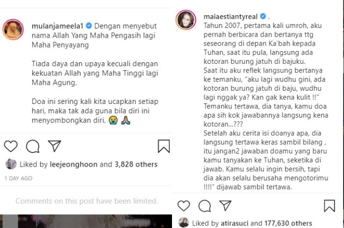 Kolase tangkapan layar Instagram Maia Estianty dan Mulan Jameela.*