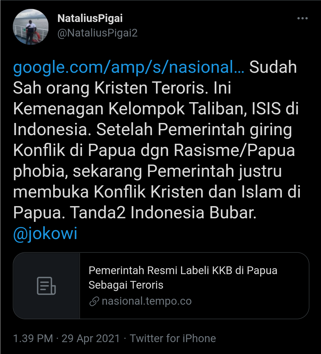 Tangkapan layar cuitan Natalius Pigai soal penetapan KKB di Papua sebagai teroris./
