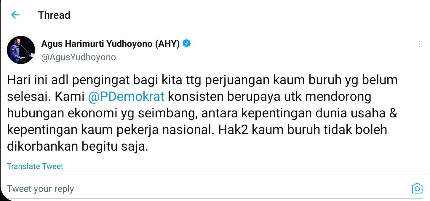 Tangkap Layar Cuitan Agus Harimurti Yudhoyono (AHY).