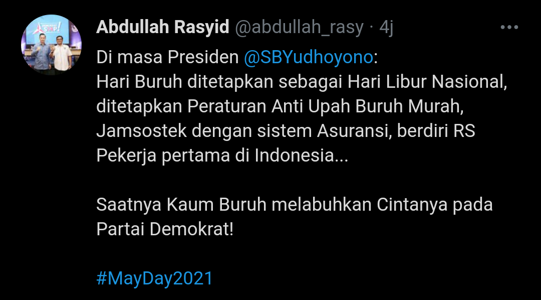 Tangkapan layar cuitan Abdullah Rasyid soal Hari Buruh di Indonesia./