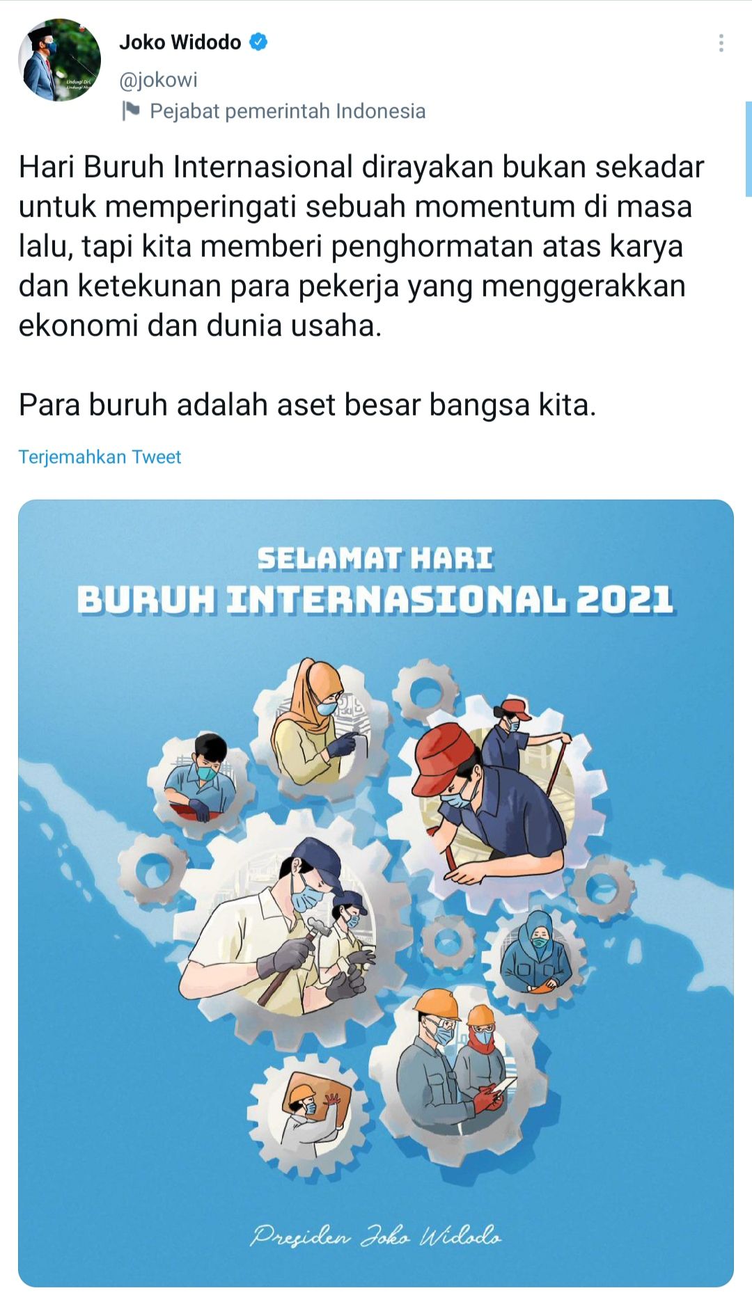Tangkap layar unggahan Presiden Jokowi saat menyampaikan ucapan Hari Buruh Internasional 1 Mei 2021 lewat  media sosial twitter.