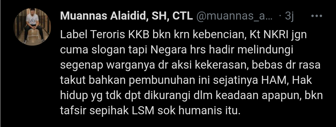 Tangkapan layar cuitan Muannas Alaidid soal KKB Papua yang dikategorikan sebagai teroris./