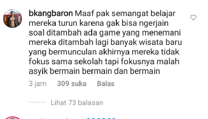 Tangkapan layar komentar Instagram @bkangbaron