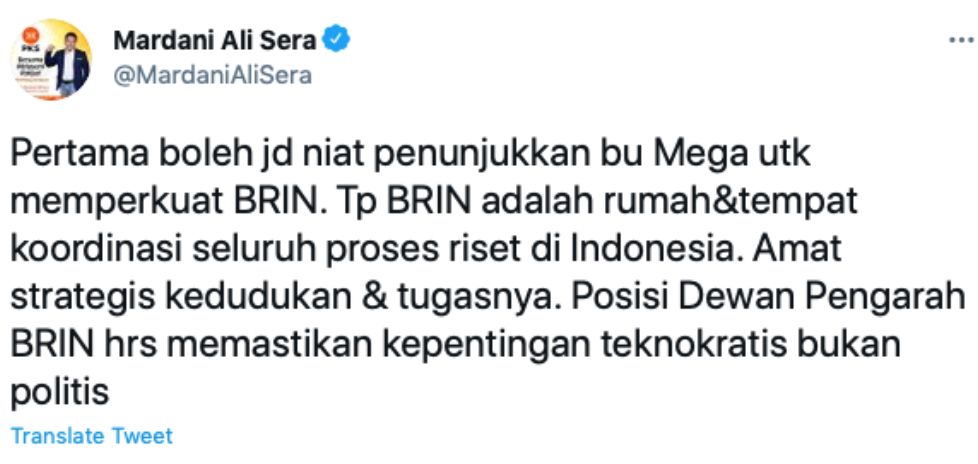 Cuitan Mardani Ali Sera menyindir Jokowi soal terpilihnya Megawati Soekarnoputri sebagai ketua Dewan Pengarah BRIN yang harusnya bukan politis.