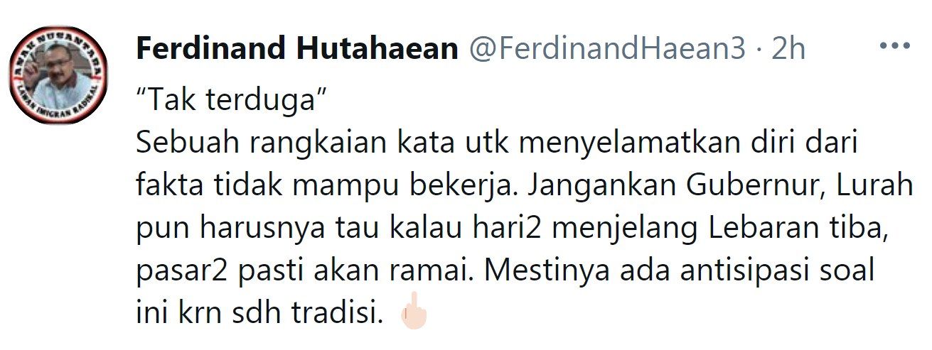 Tangkapan layar cuitan Ferdinand Hutahaean./Twitter/FerdinandHaean3