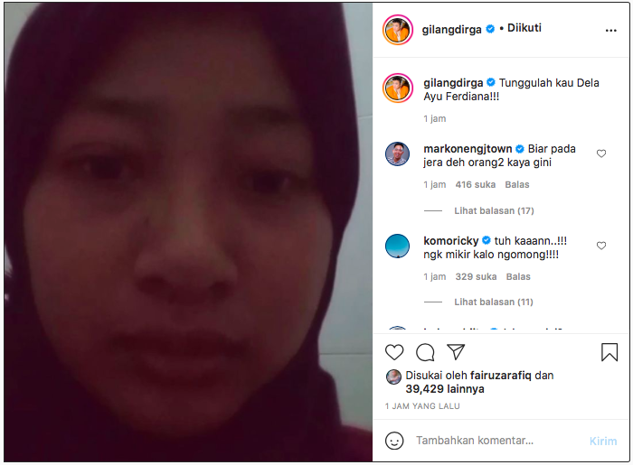 Gilang Dirga memposting wajah netizen yang sudah berani mengolok-olok dirinya dan keluarganya.*