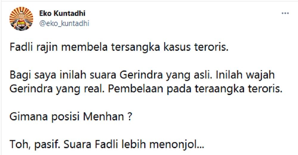 Eko Kuntadhi Sebut Fadli Zon Aktif Bela Teroris dan Pertanyakan Prabowo Subianto Selaku Menhan