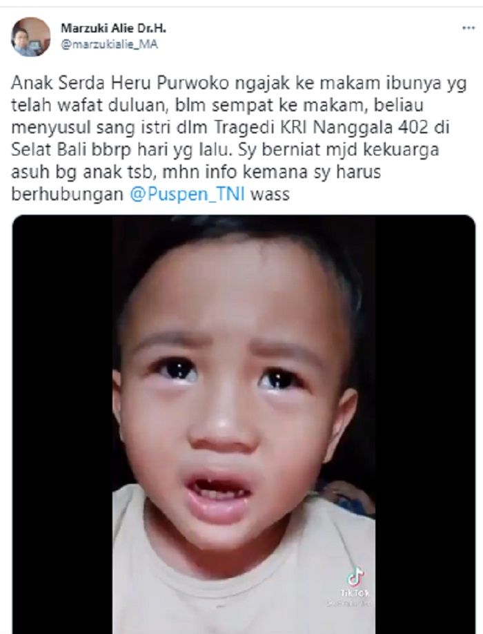 Marzuki Alie berniat mengadopsi anak Serda Heru Purwoko, awak KRI Nanggal 402 yang tengelam di perairan Bali, Rabu, 21 April 2021.*