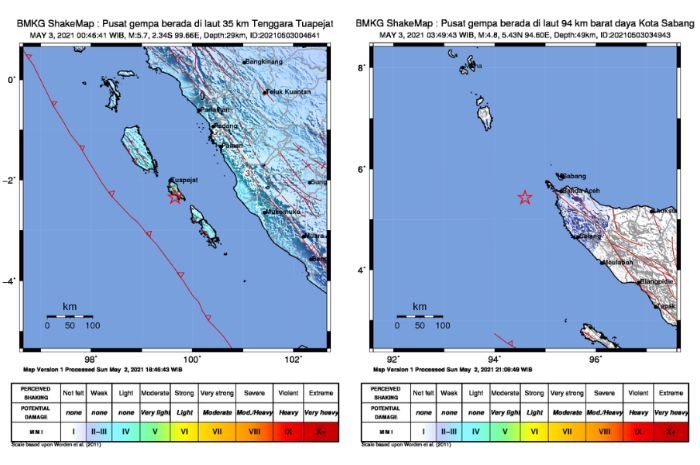 Gempa bumi di Mentawai dan Kota Sabang.