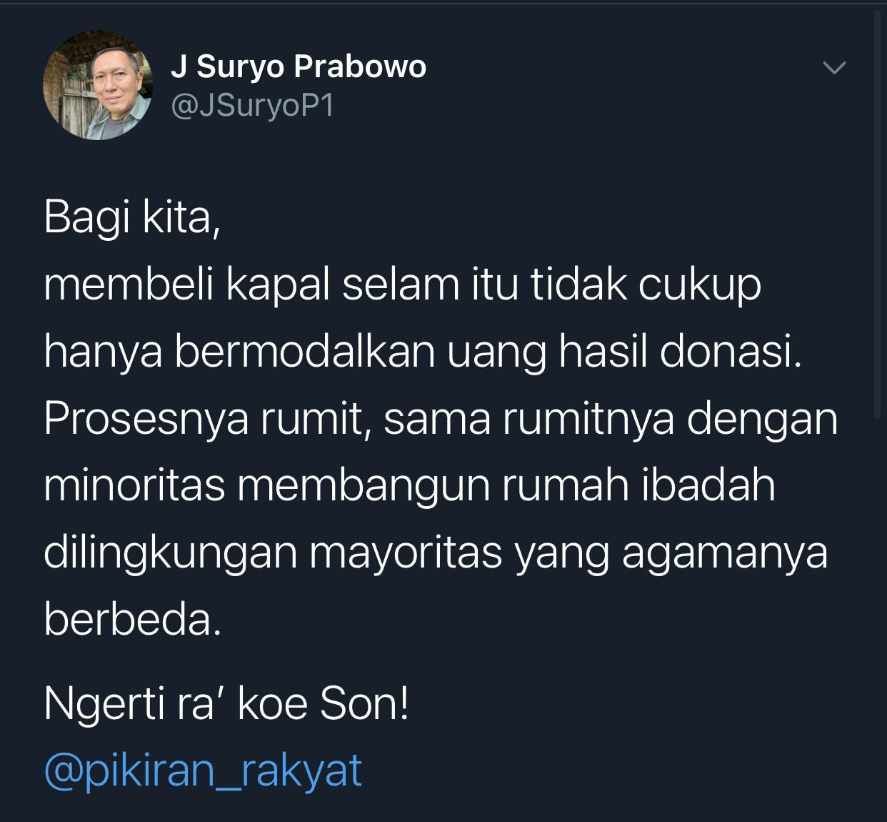 Cuitan JS Prabowo soal uang donasi untuk kapal selam.