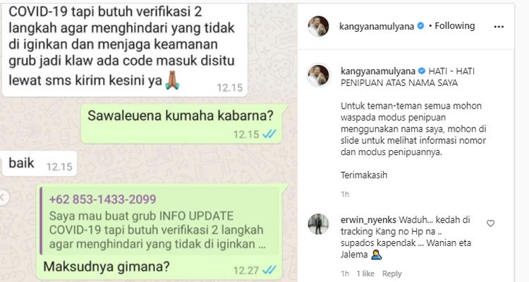 Wali Kota Bandung, Yana Mulyana minta warga waspada terhadap akun WA yang mengatasnamakan dirinya