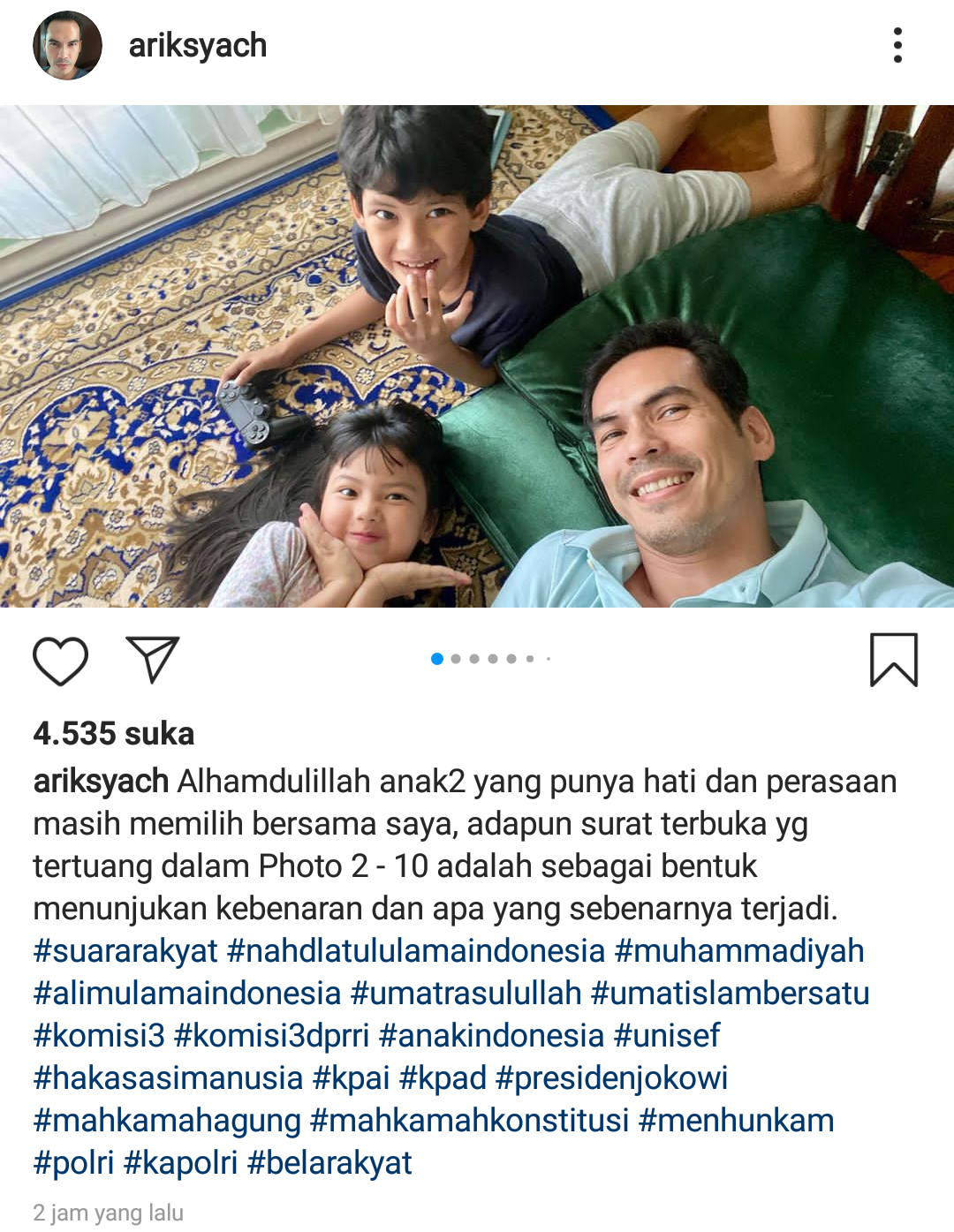 Tangakapan layar unggahan Instagram Atalarik Syah soal eksekusi anak yang dilakukan Tsania Marwa./