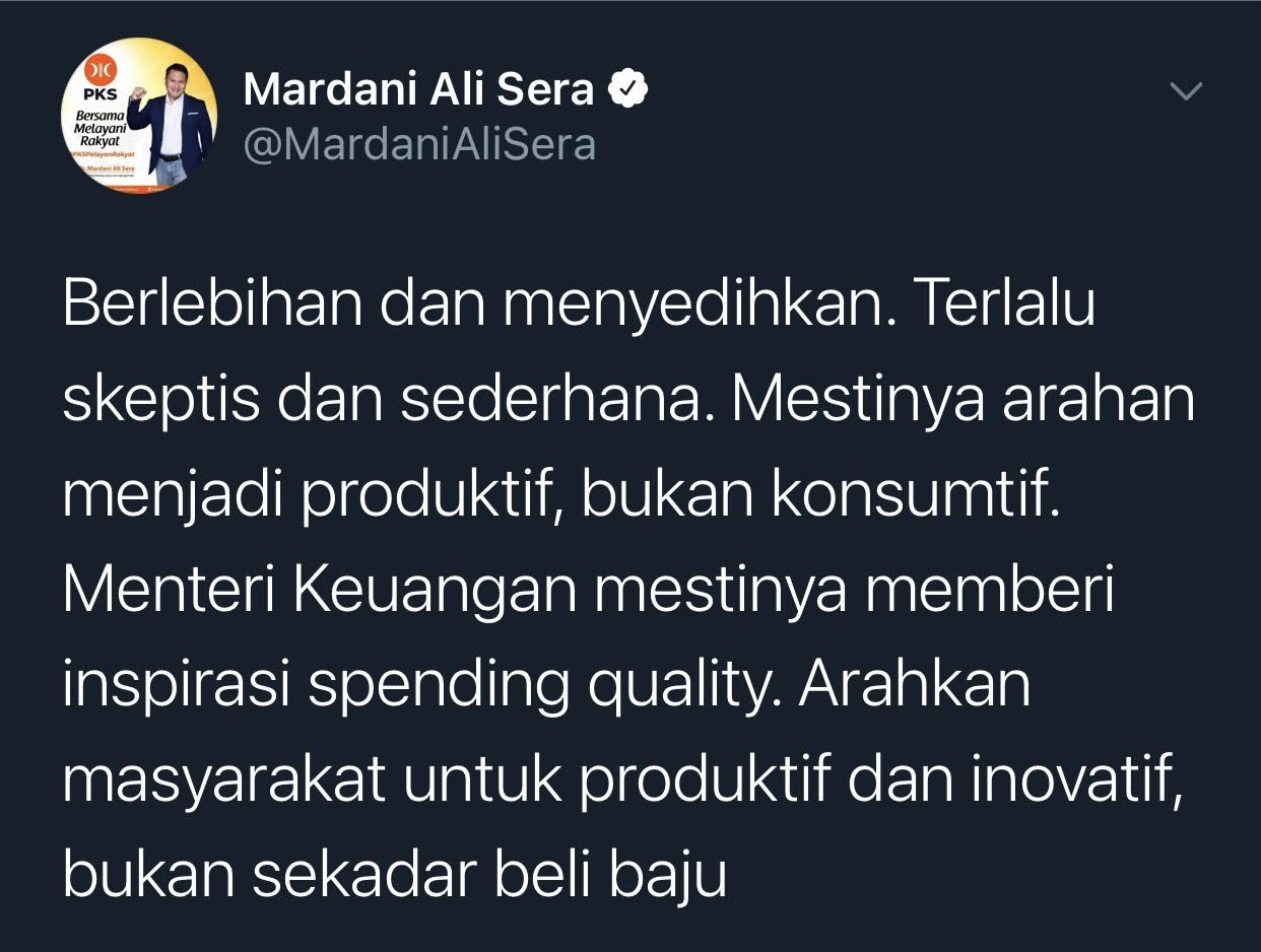 Cuitan politisi PKS, Mardani Ali Sera.