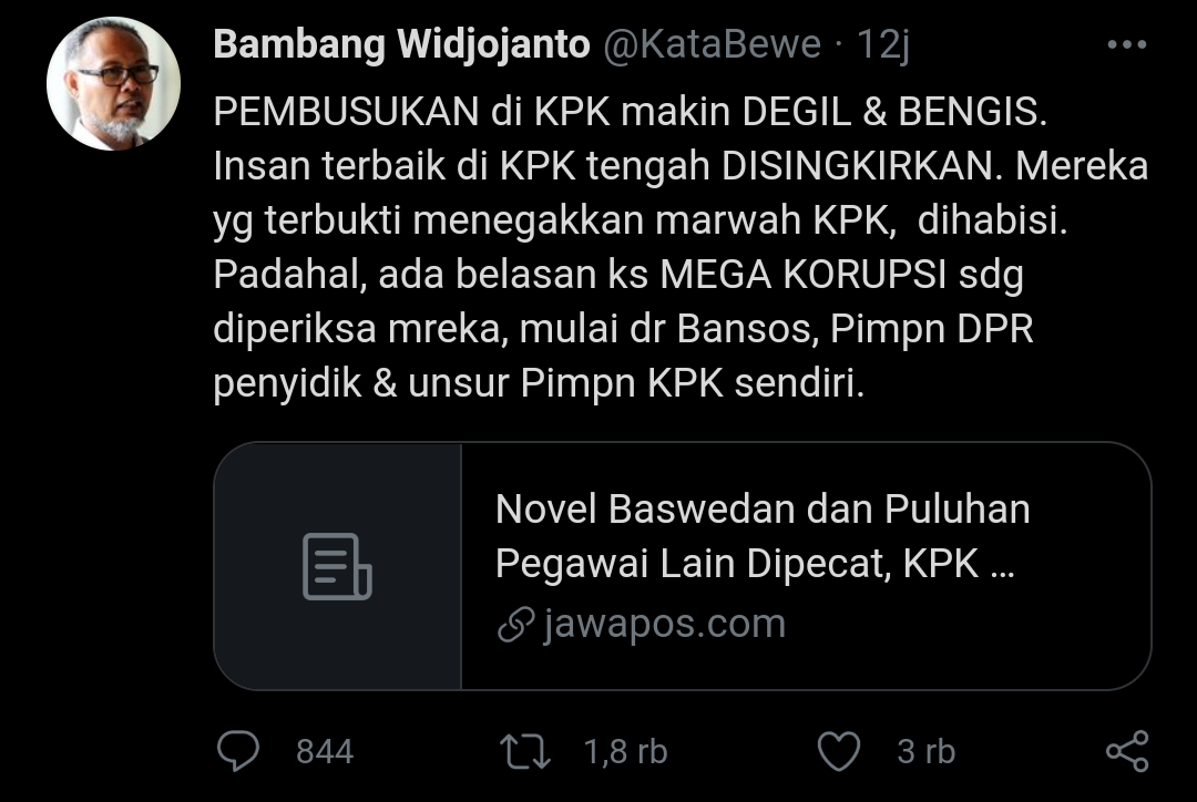 Tangkapan layar cuitan Bambang Widjojanto soal Novel Baswedan dan puluhan pegawai KPK yang tak lulus tes wawasan kebangsaan./