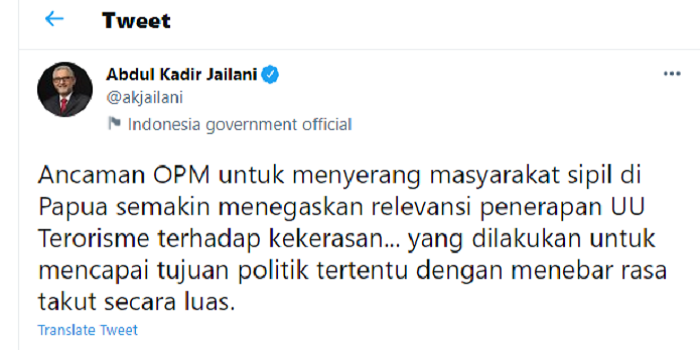Cuitan Abdul Kadir Jailani yang melihat pesan tersirat dari ancaman OPM yang akan menyerang orang Jawa dan masyarakat sipil di Papua.