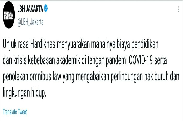 Cuitan LBH Jakarta terkait tanggapannya perihal penahanan peserta unjuk rasa Hardiknas.*