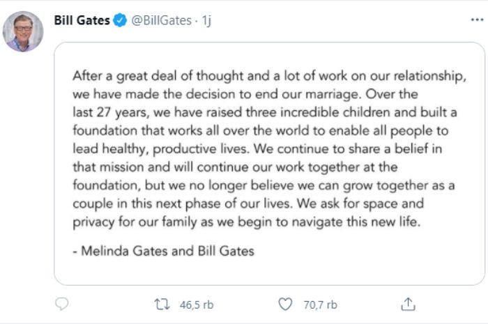 Cuitan Bill Gates yang mengumumkan bahwa dirinya telah bercerai dengan Melinda setelah 27 tahun menjalin pernikahan.