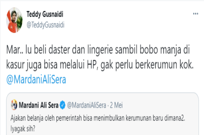Cuitan Teddy Gusnaidi terkait tanggapannya terhadap pernyataan Mardani Ali Sera.*
