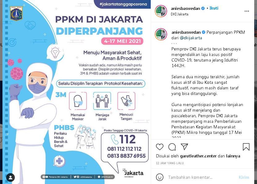 Anies Baswedan menyampaikan tentang perpanjangan PPKM di Jakarta jelang Lebaran 1442 H