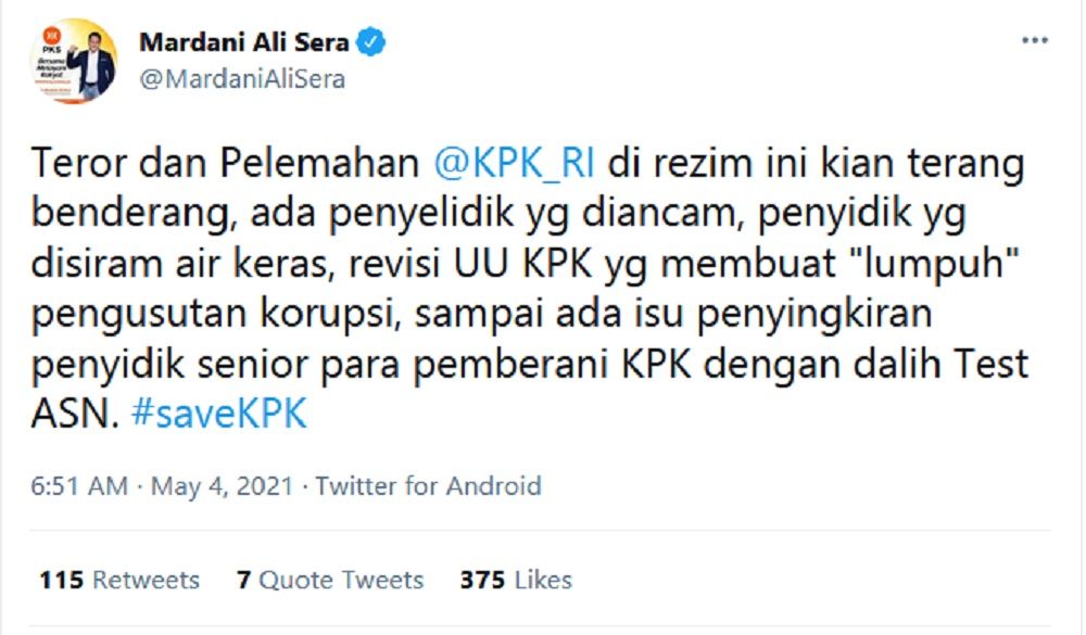 Ikut Soroti Isu Pemecatan Novel Baswedan, Mardani Ali Sera: Teror dan Pelemahan KPK Kian Terang
