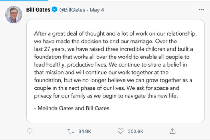 Cuitan Bill Gates yang sama dengan mantan istri Melinda Gates mengenai kabar perceraiannya.