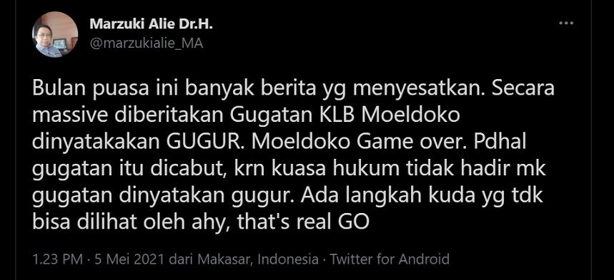 Tangkap layar: Cuitan Marzuki Alie di Twitter menyoroti pemberitaan gugatan KLB Demokrat gugur di PN Jakarta Selatan.*