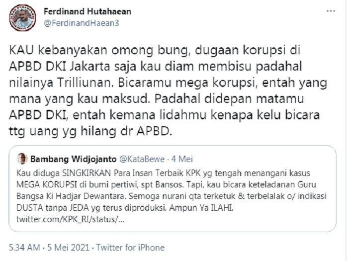 Postingan Ferdinand Hutahaean yang menyentil Bambang Widjojanto terkait KPK dan APBD DKI Jakarta.