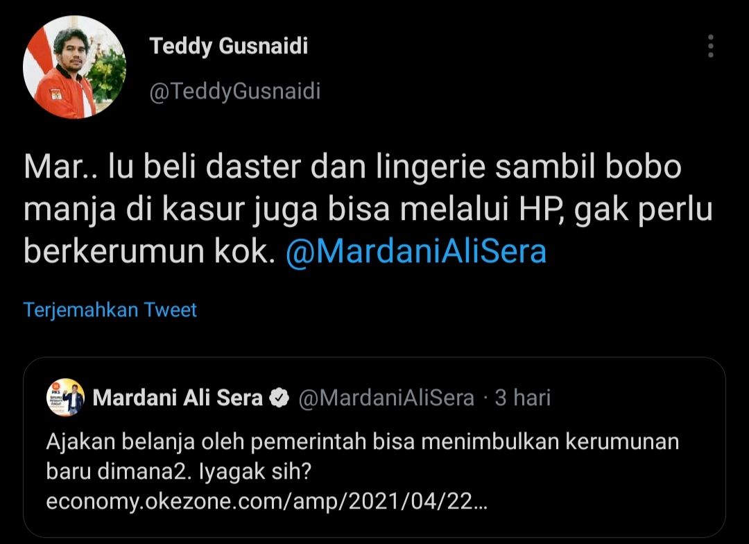 Cuitan Teddy Gusnaidi yang merespons pernyataan Mardani Ali soal kerumunan Pasar Tanah Abang.