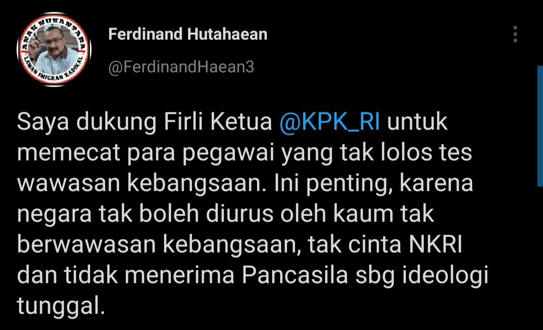 Cuitan Ferdinand Hutahaean yang suarakan dukungan kepada Ketua KPK Firli Bahuri.