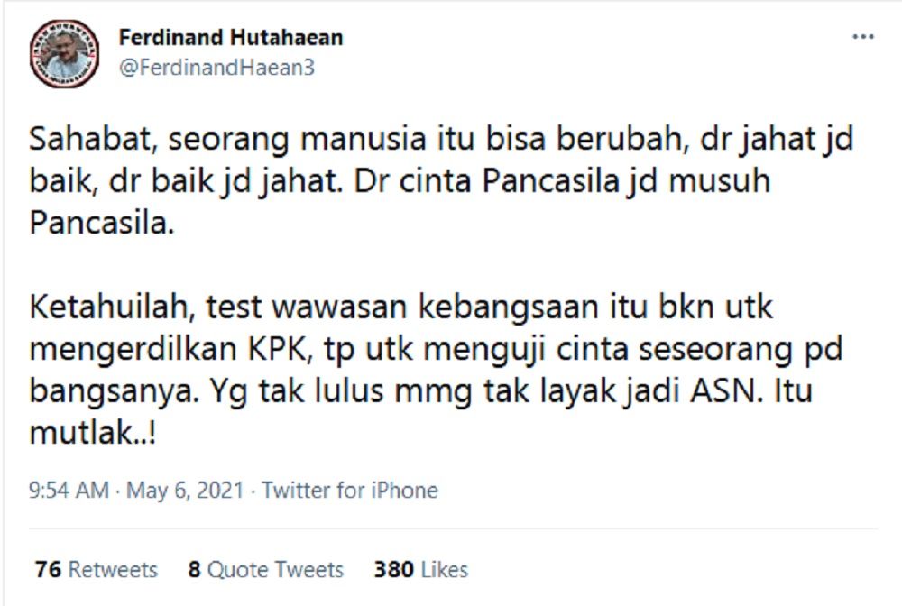 Ferdinand Hutahaean Sebut TWK Bukan untuk Kerdilkan KPK, Netizen: Lumayan Juga Usaha Ente