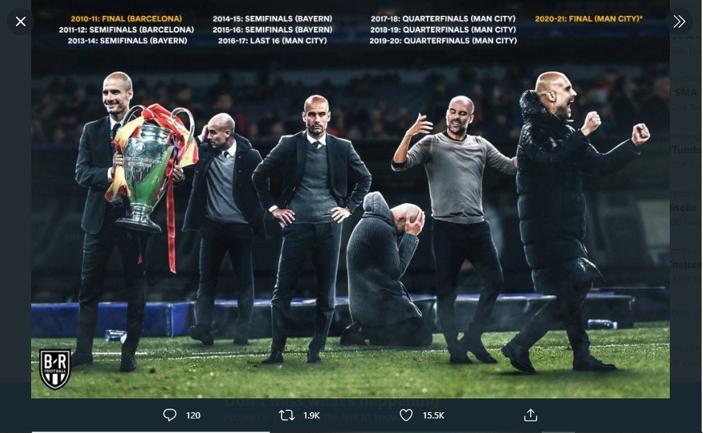 Ilustrasi di atas menggambarkan perjalanan karier pelatih Pep Guardiola bersama timnya di Liga Champions dalam satu dekade terakhir.