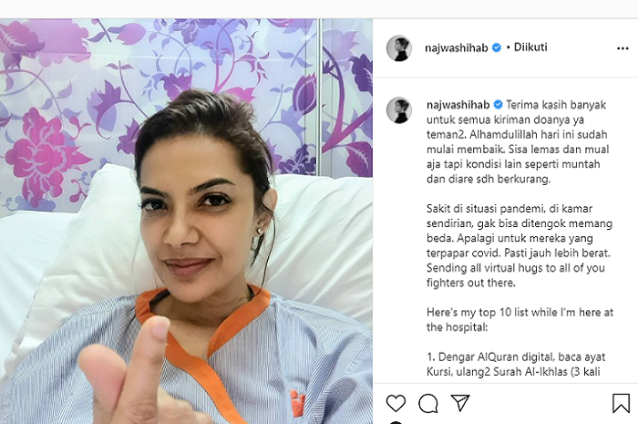 Unggahan Najwa Shihab mengenai kegiatan dirinya selama dirawat di rumah sakit.