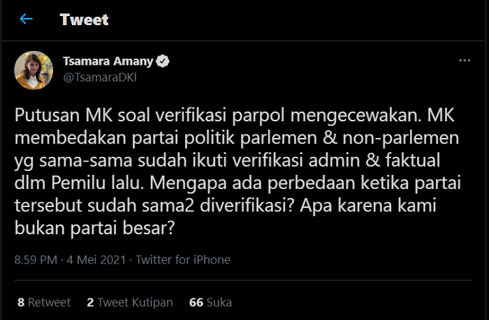Hasil tangkap layar akun Twitter Tsamara Amany