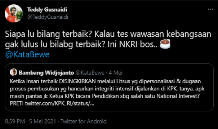 Postingan Teddy Gusnaidi ketika menanggapi pernyataan Bambang Widjojanto melalui Twitter.