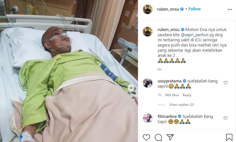 Unggahan Ruben Onsu yang meminta doa untuk kesembuhan komedia Sapri yang terbaring kritis di ICU.